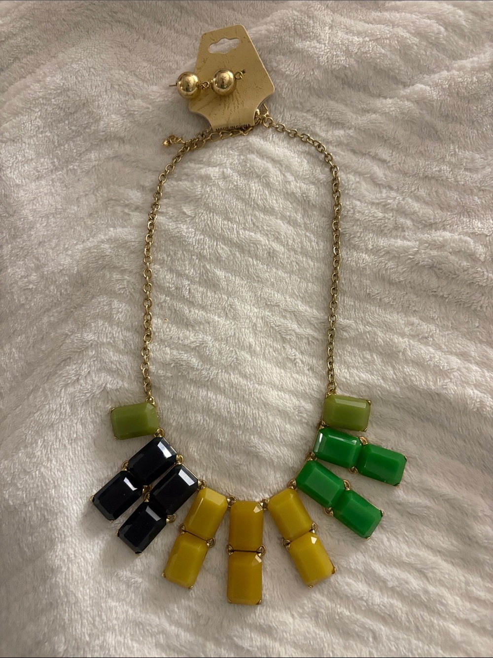 Gold-Tone Multicolor Statement Necklace with Green, Yellow & Black Stones